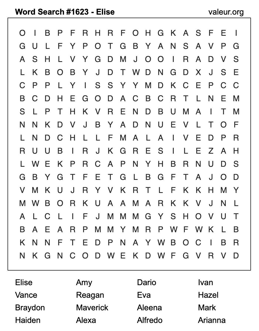 Word Search Puzzle with the name Elise #1623 Word Search Puzzle with the name Elise #1623