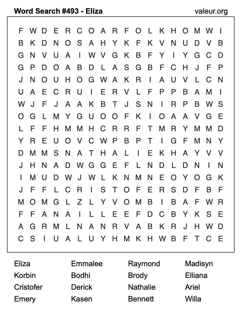 Word Search Puzzle with the name Eliza #493