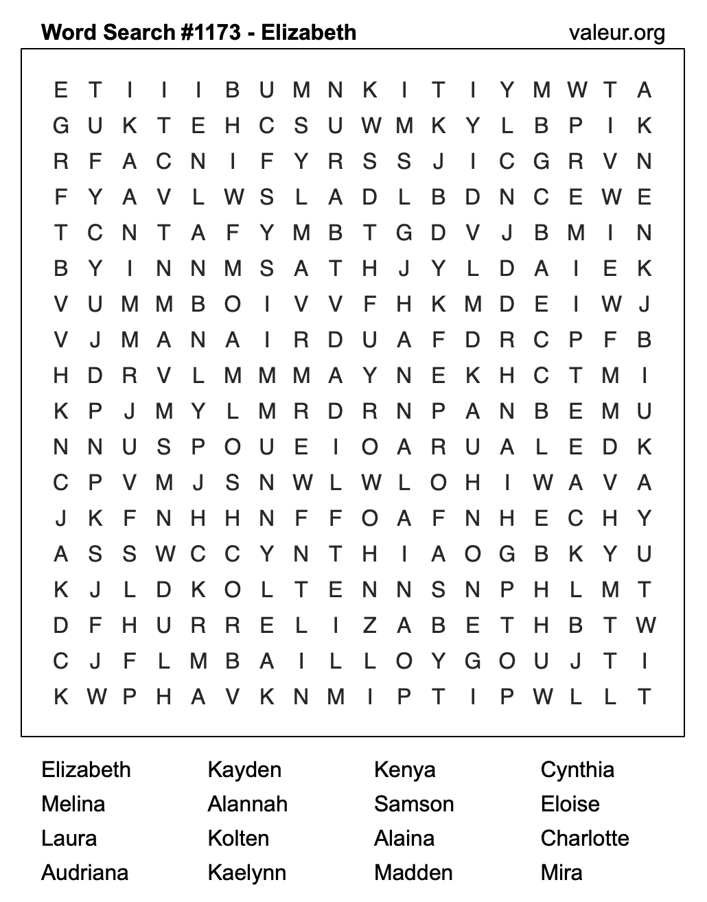 Word Search Puzzle with the name Elizabeth #1173