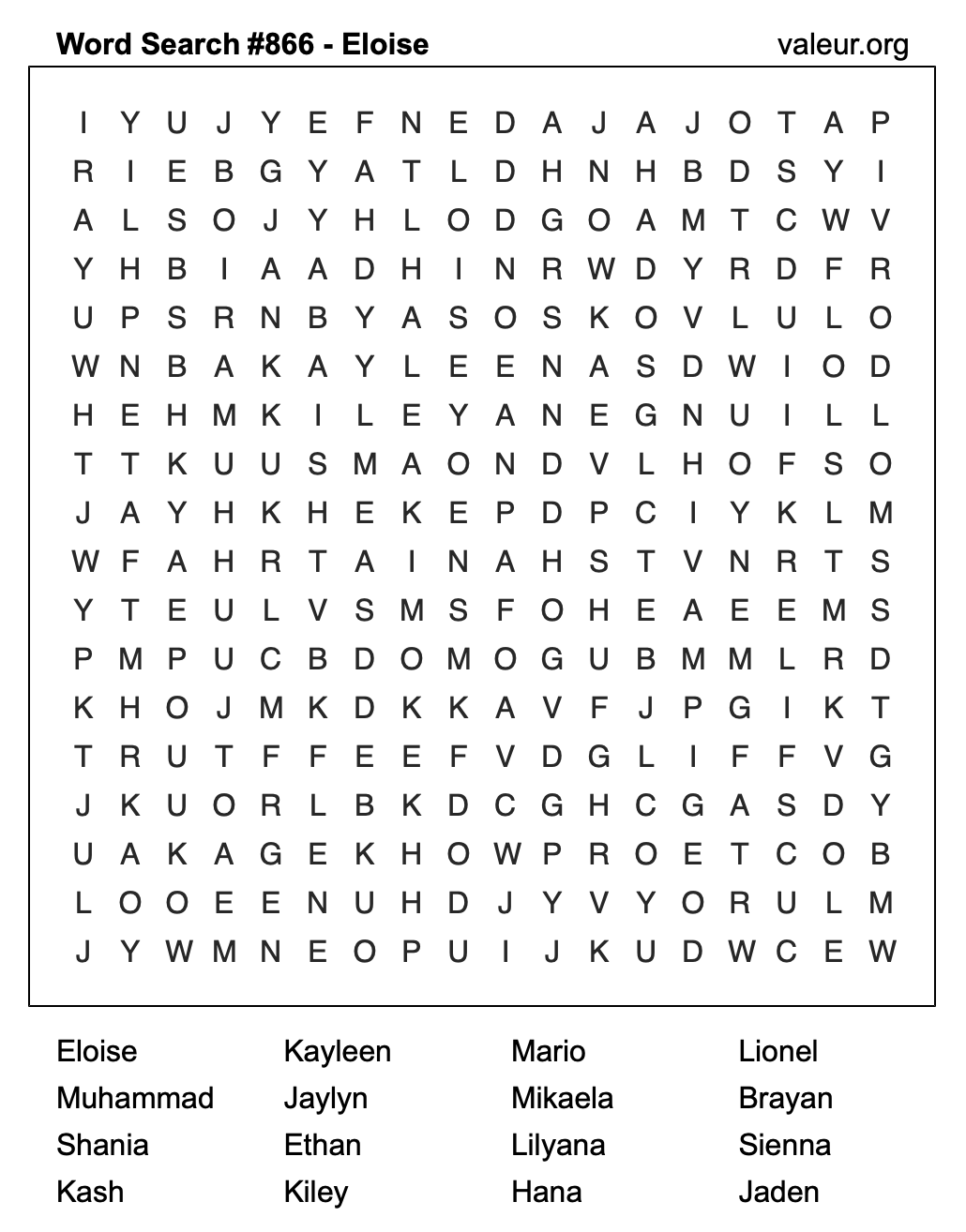 Word Search Puzzle with the name Eloise #866 Word Search Puzzle with the name Eloise #866