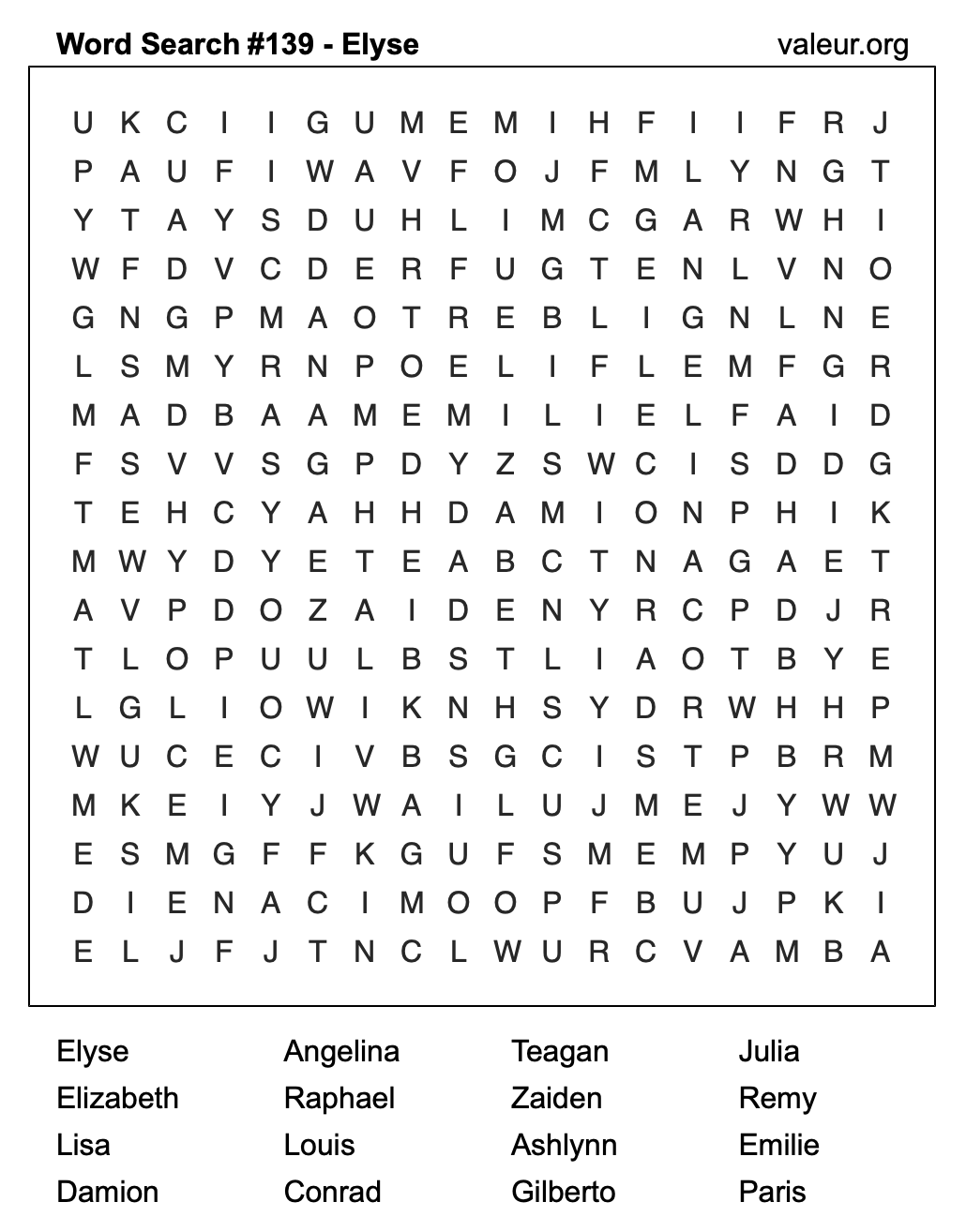 Word Search Puzzle with the name Elyse #139