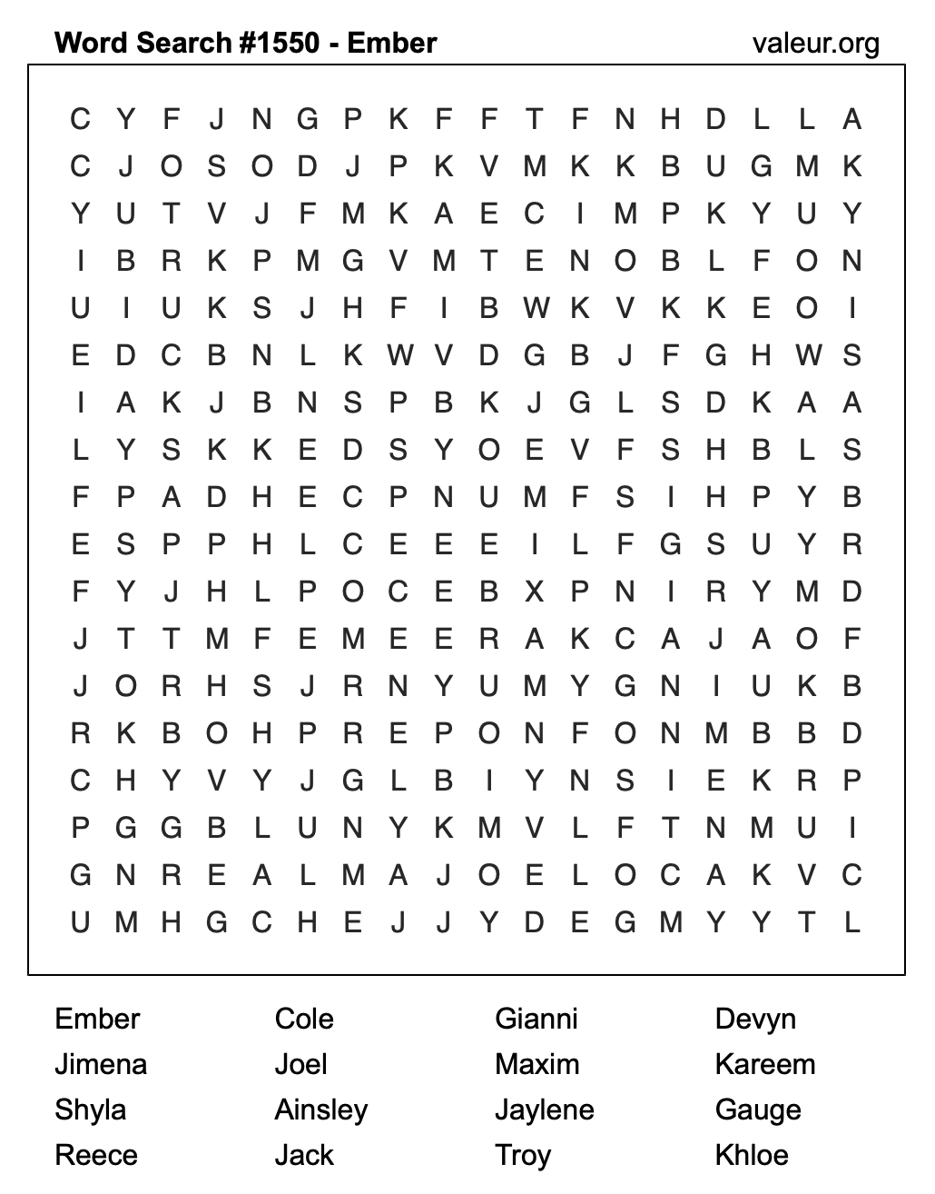 Word Search Puzzle with the name Ember #1550