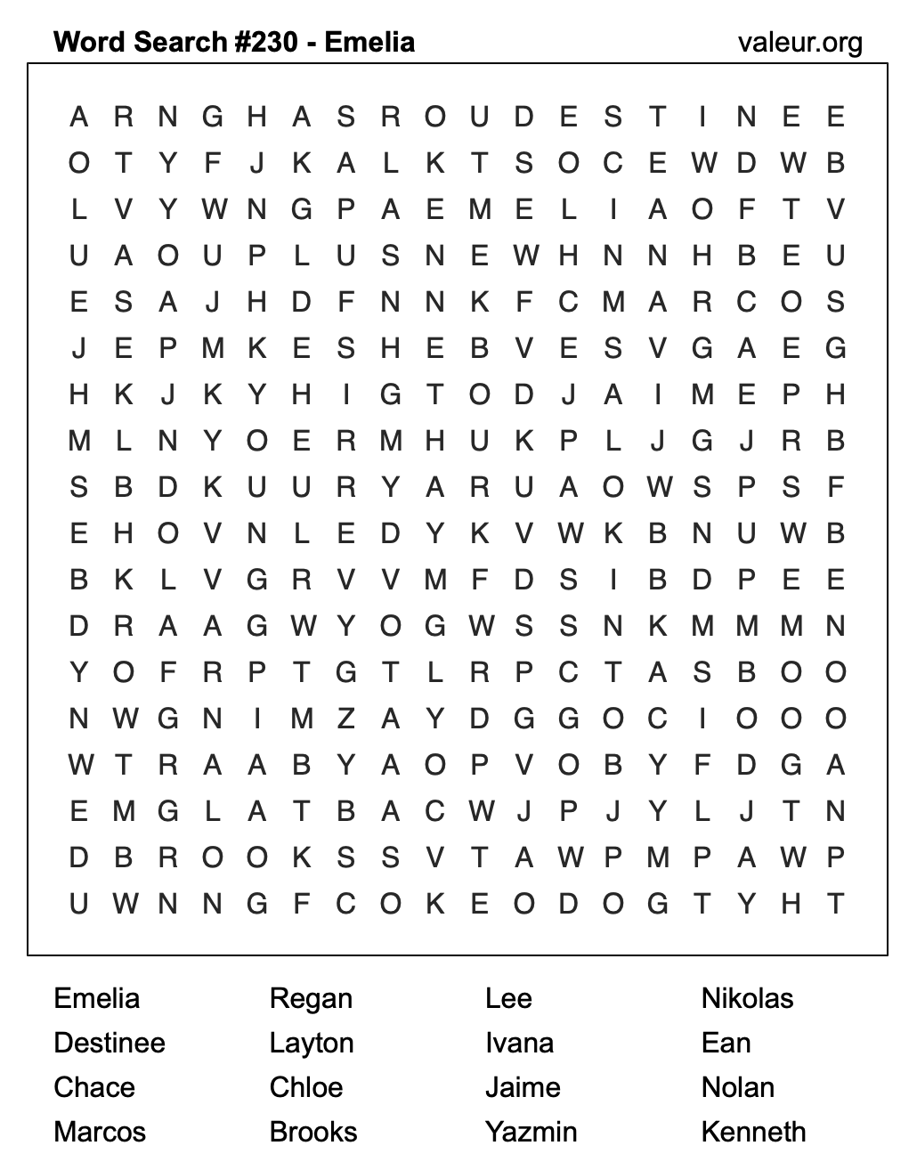 Word Search Puzzle with the name Emelia #230