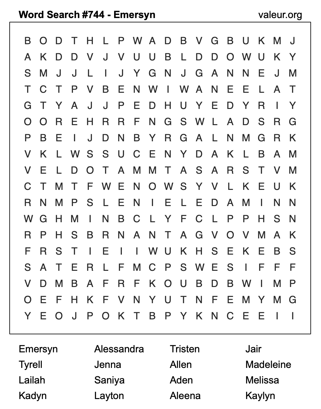 Word Search Puzzle with the name Emersyn #744