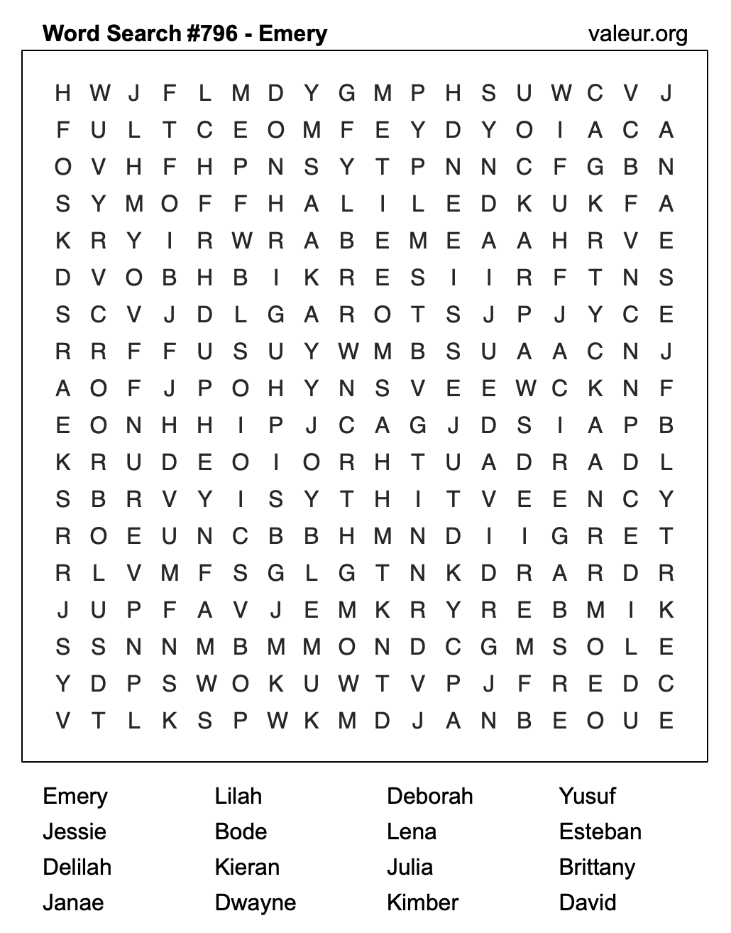 Word Search Puzzle with the name Emery #796 Word Search Puzzle with the name Emery #796