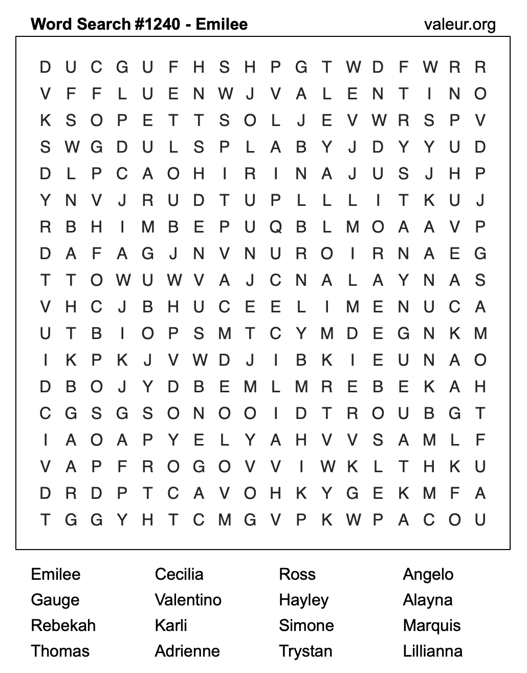Word Search Puzzle with the name Emilee #1240