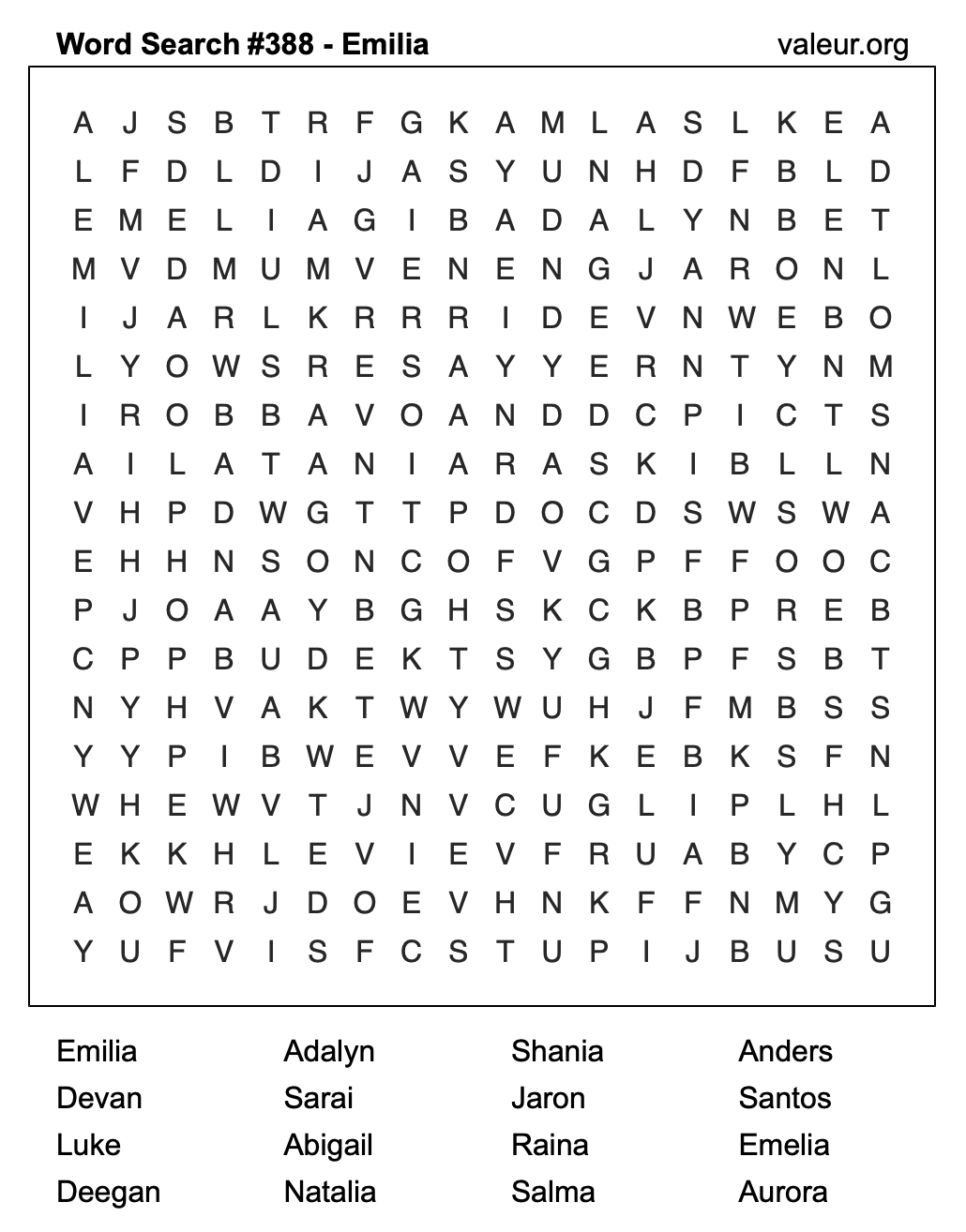 Word Search Puzzle with the name Emilia #388