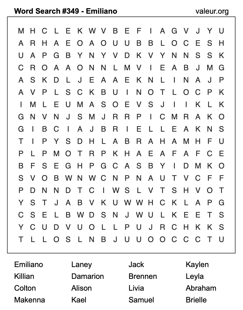 Word Search Puzzle with the name Emiliano #349