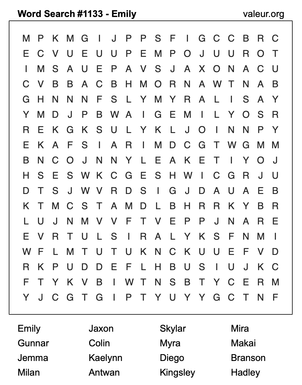 Word Search Puzzle with the name Emily #1133