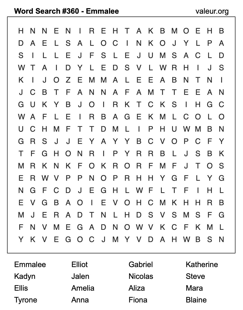 Word Search Puzzle with the name Emmalee #360