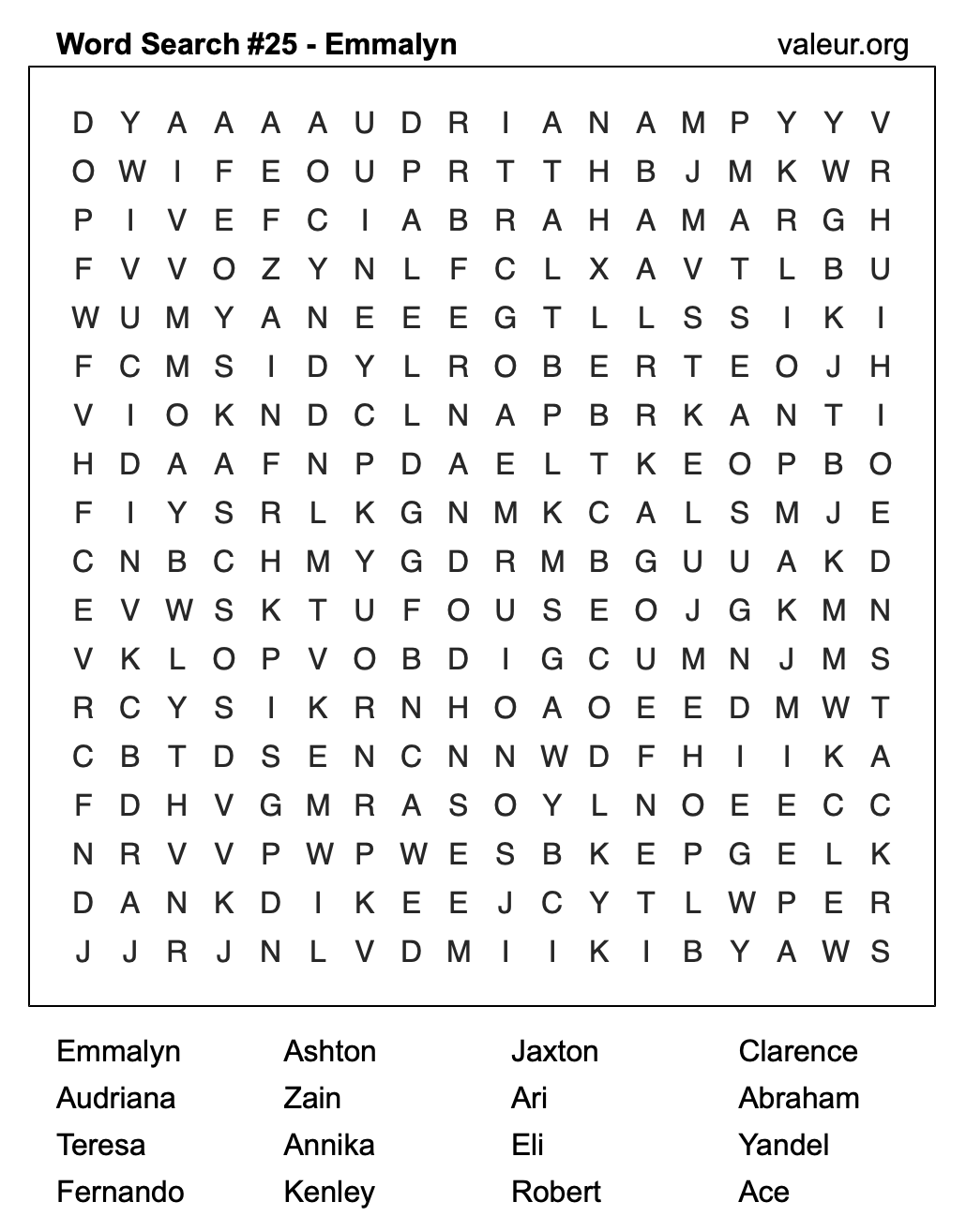 Word Search Puzzle with the name Emmalyn #25