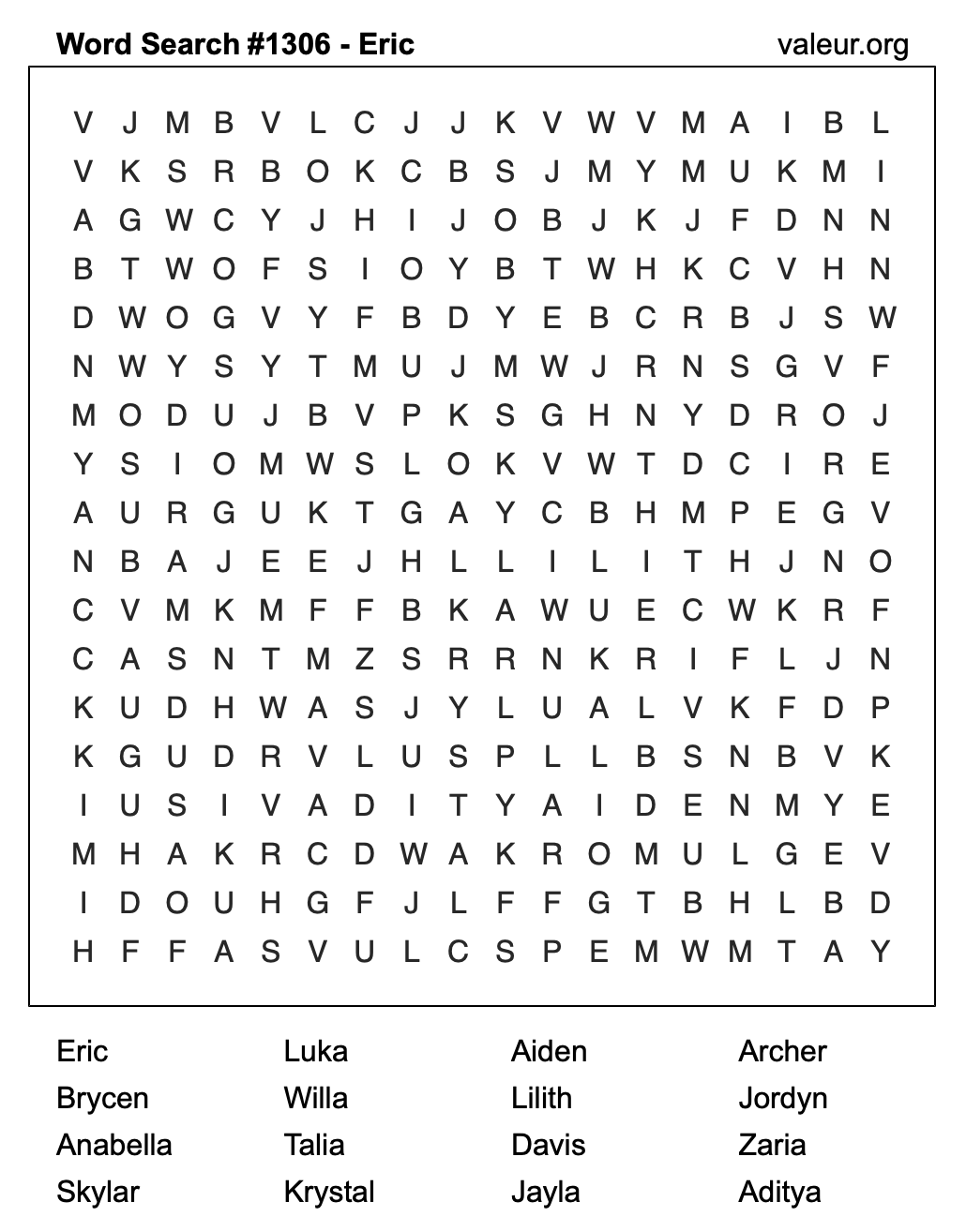 Word Search Puzzle with the name Eric #1306