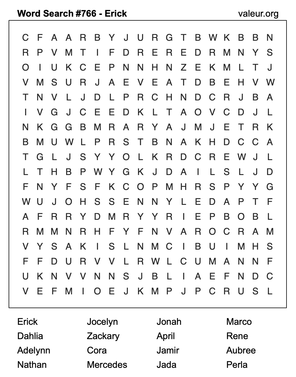 Word Search Puzzle with the name Erick #766