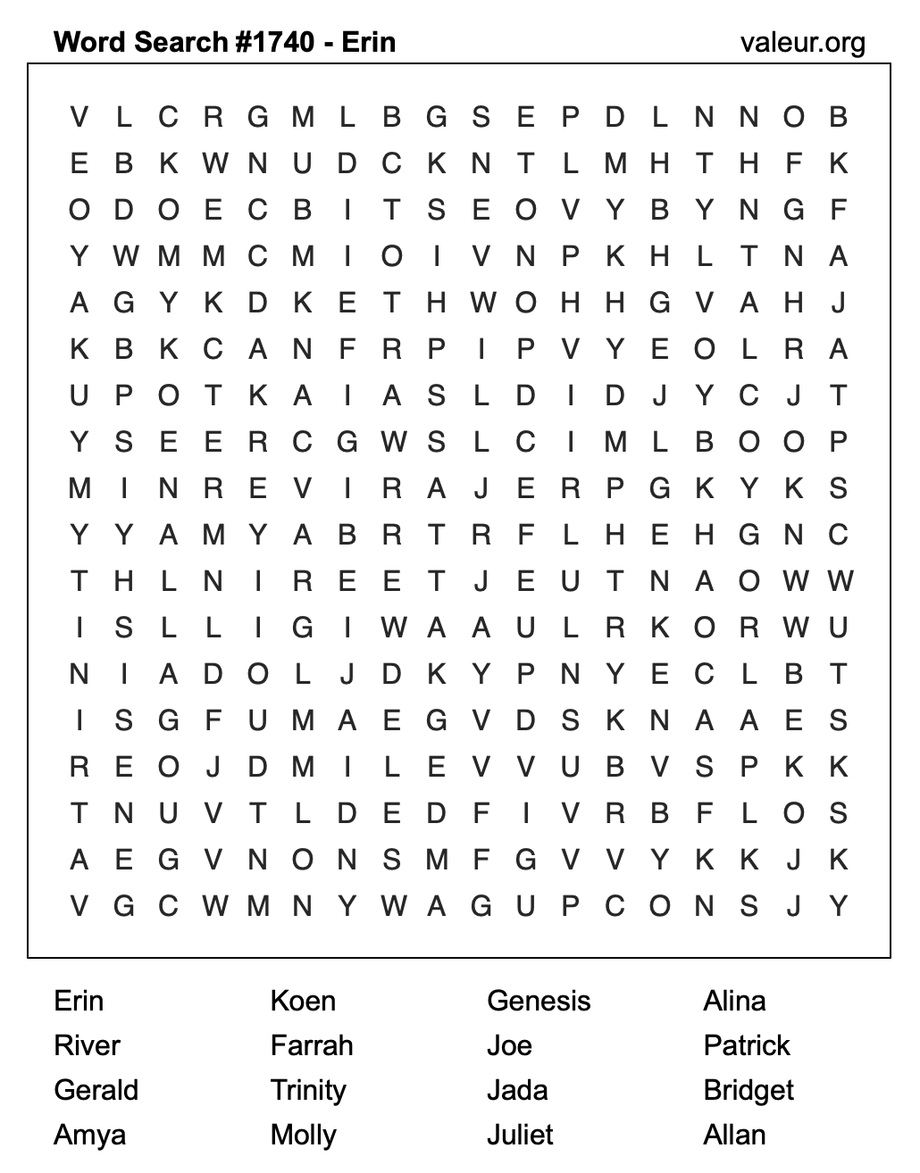 Word Search Puzzle with the name Erin #1740