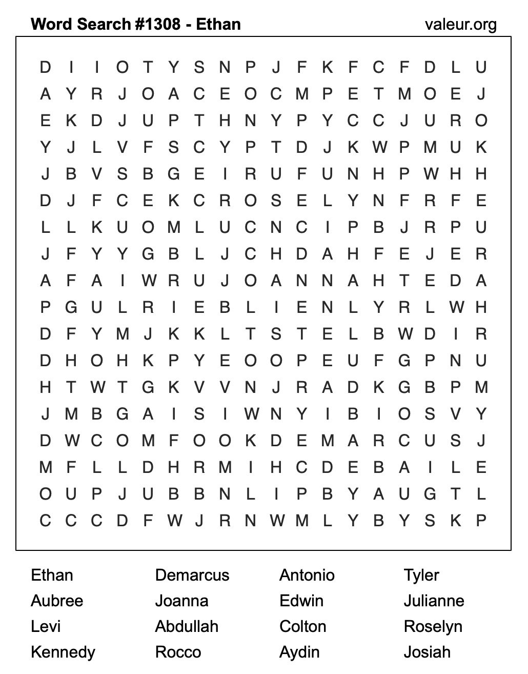 Word Search Puzzle with the name Ethan #1308