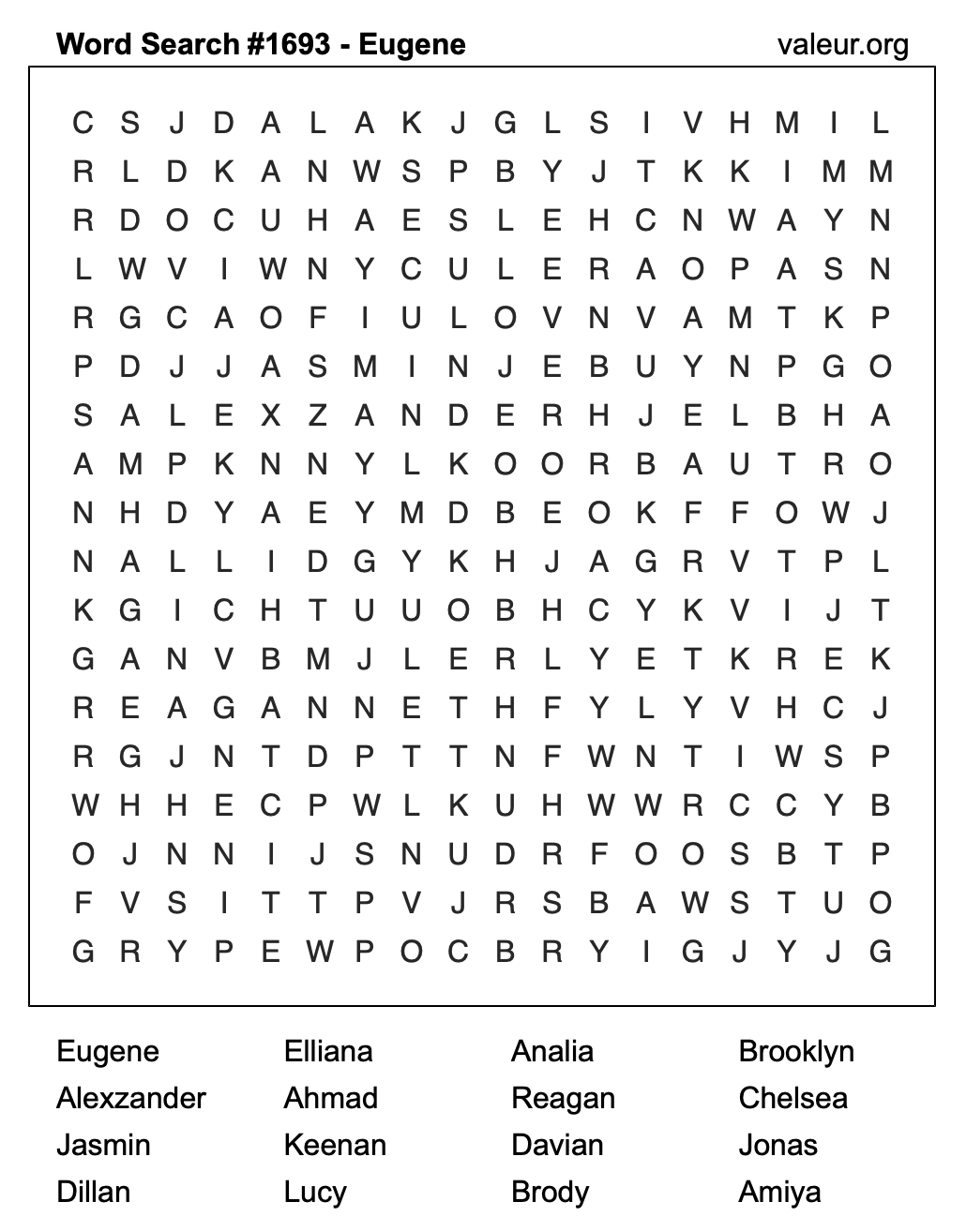 Word Search Puzzle with the name Eugene #1693