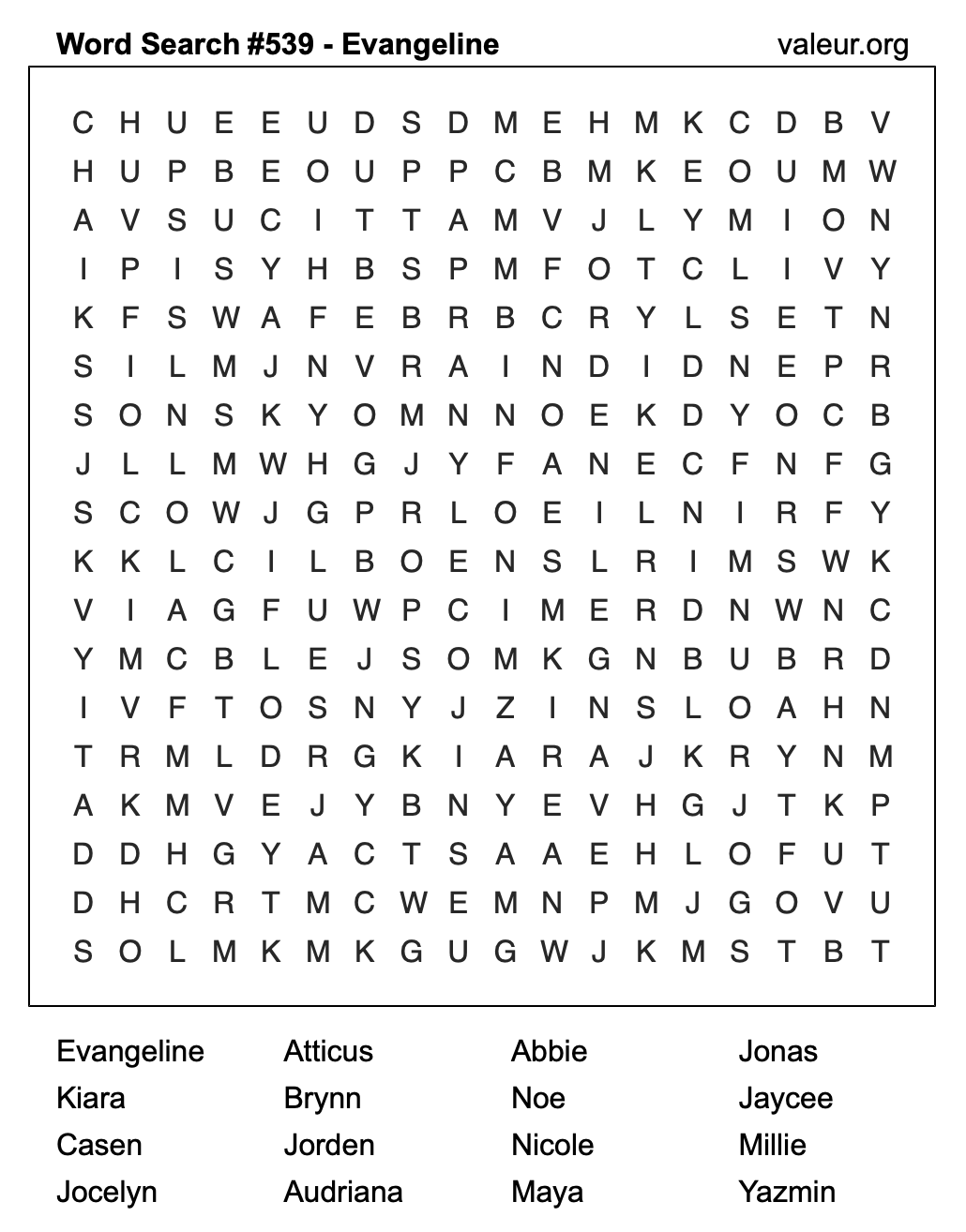 Word Search Puzzle with the name Evangeline #539