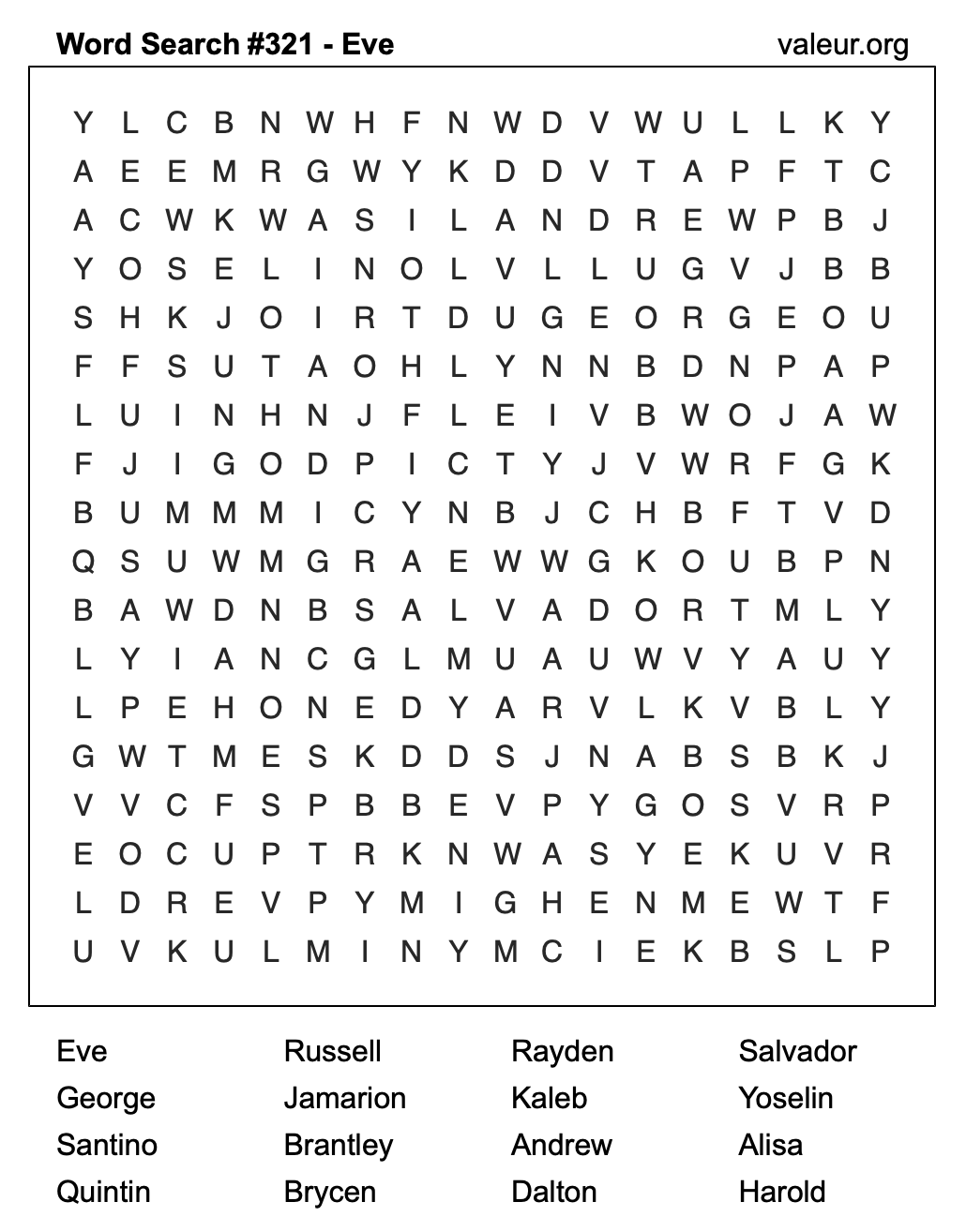 Word Search Puzzle with the name Eve #321