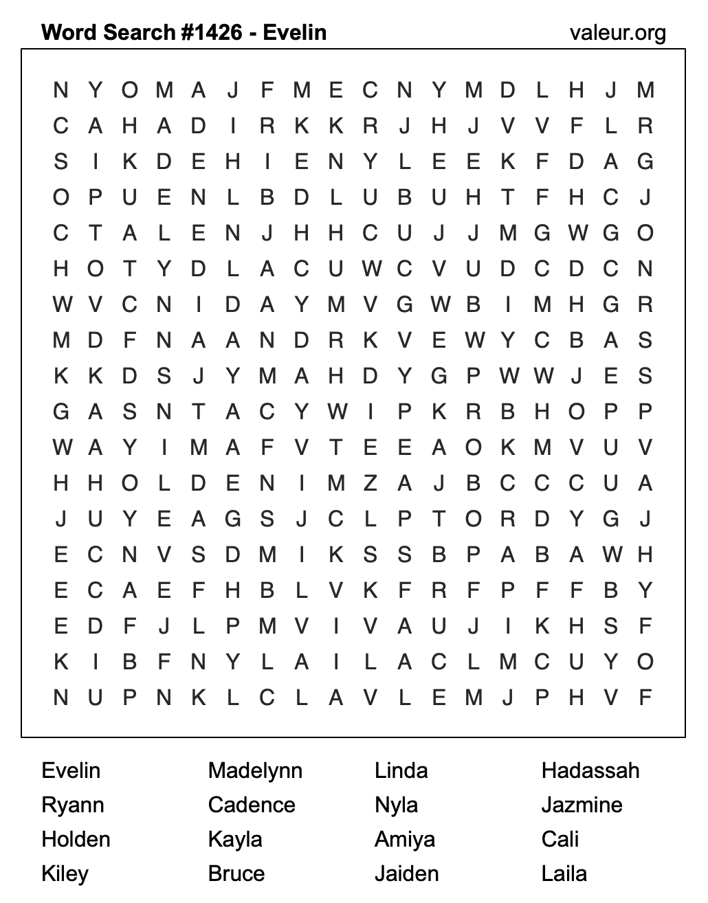 Word Search Puzzle with the name Evelin #1426