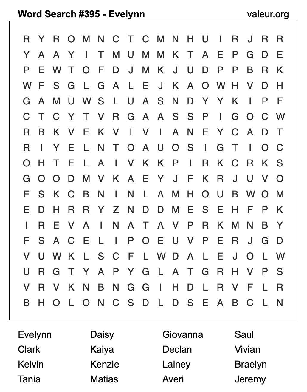 Word Search Puzzle with the name Evelynn #395 Word Search Puzzle with the name Evelynn #395