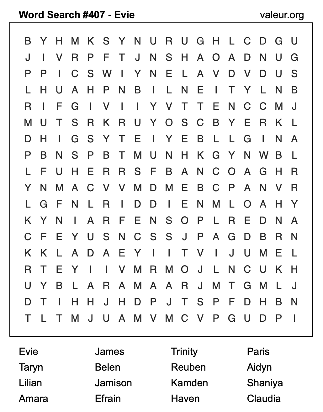 Word Search Puzzle with the name Evie #407
