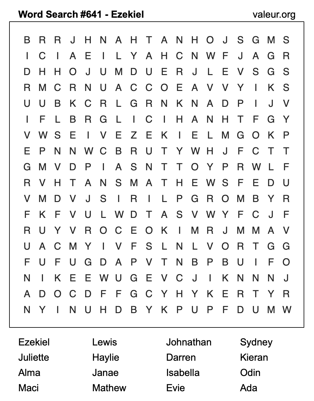 Word Search Puzzle with the name Ezekiel #641
