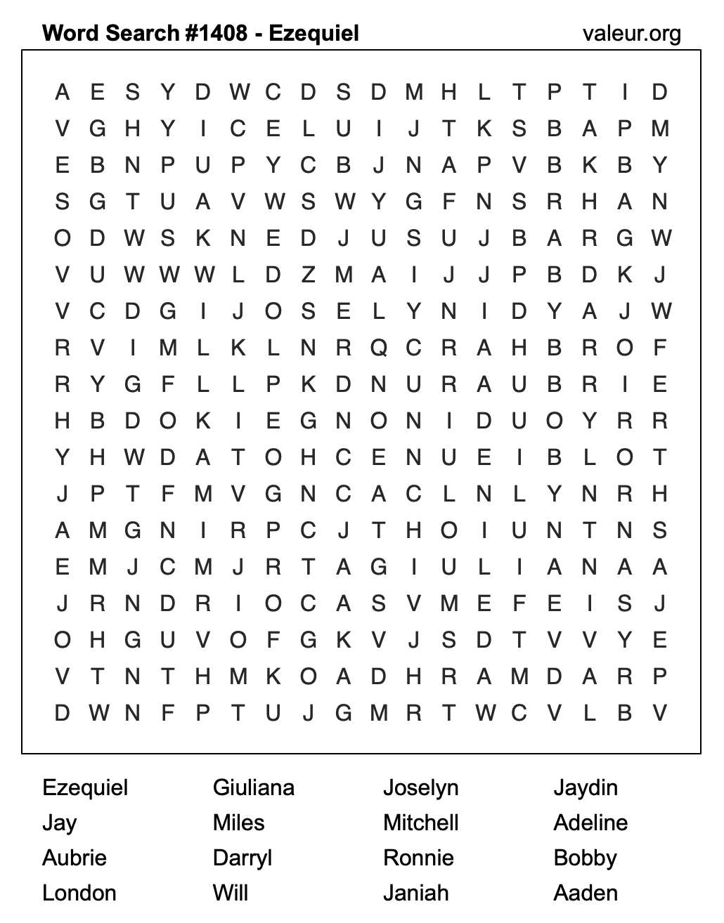 Word Search Puzzle with the name Ezequiel #1408
