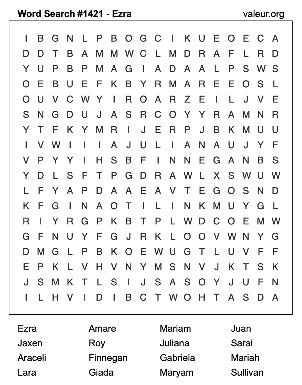 Word Search Puzzle with the name Ezra #1421