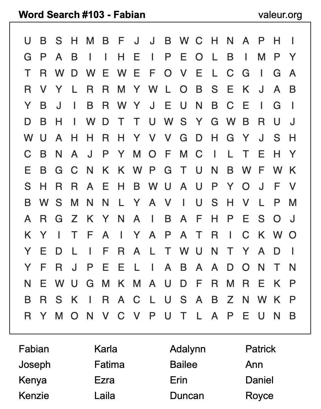 Word Search Puzzle with the name Fabian #103