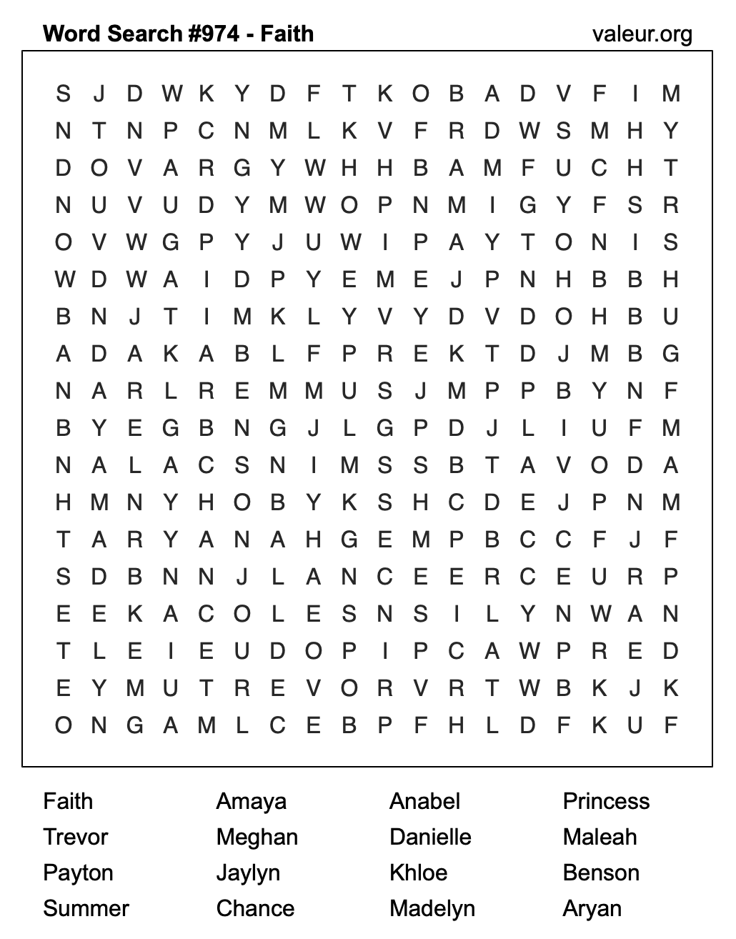 Word Search Puzzle with the name Faith #974
