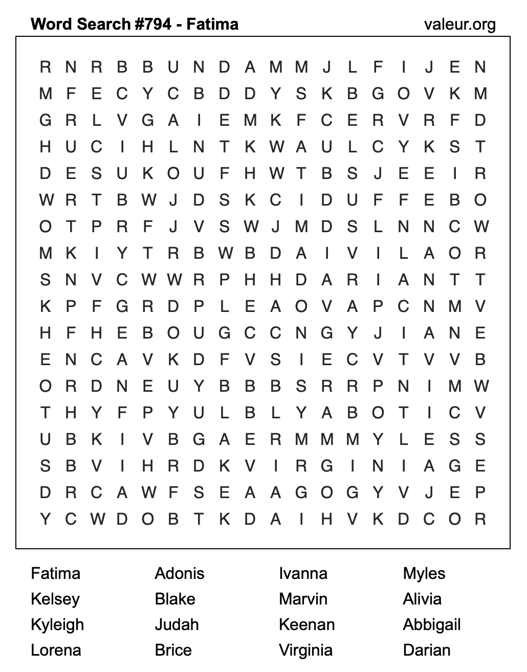 Word Search Puzzle with the name Fatima #794 Word Search Puzzle with the name Fatima #794