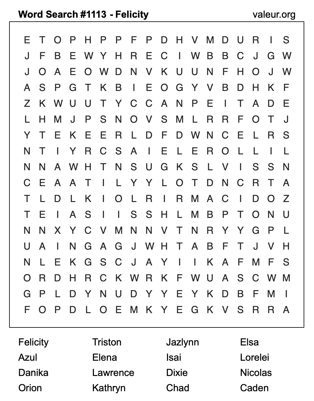 Word Search Puzzle with the name Felicity #1113