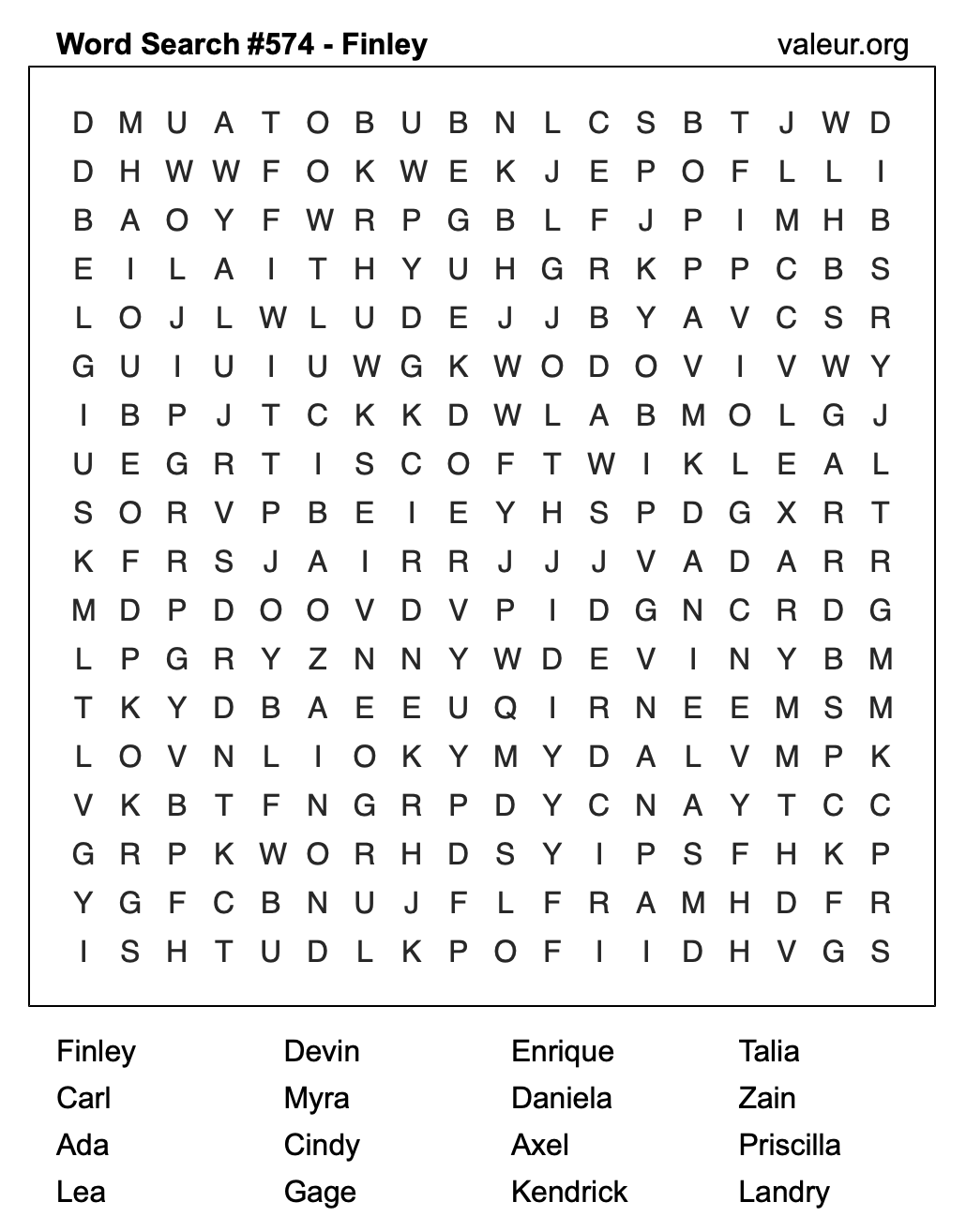 Word Search Puzzle with the name Finley #574