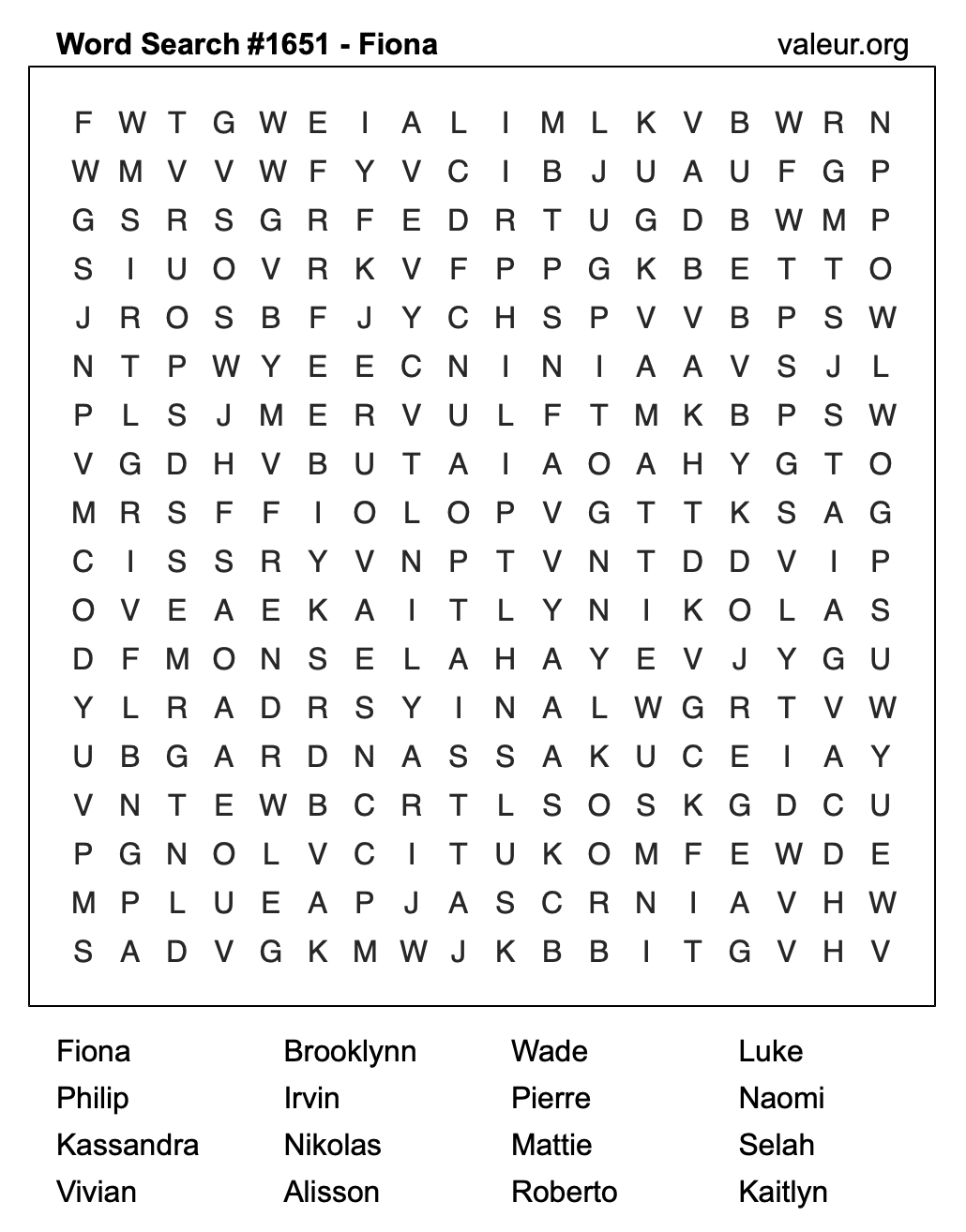 Word Search Puzzle with the name Fiona #1651 Word Search Puzzle with the name Fiona #1651
