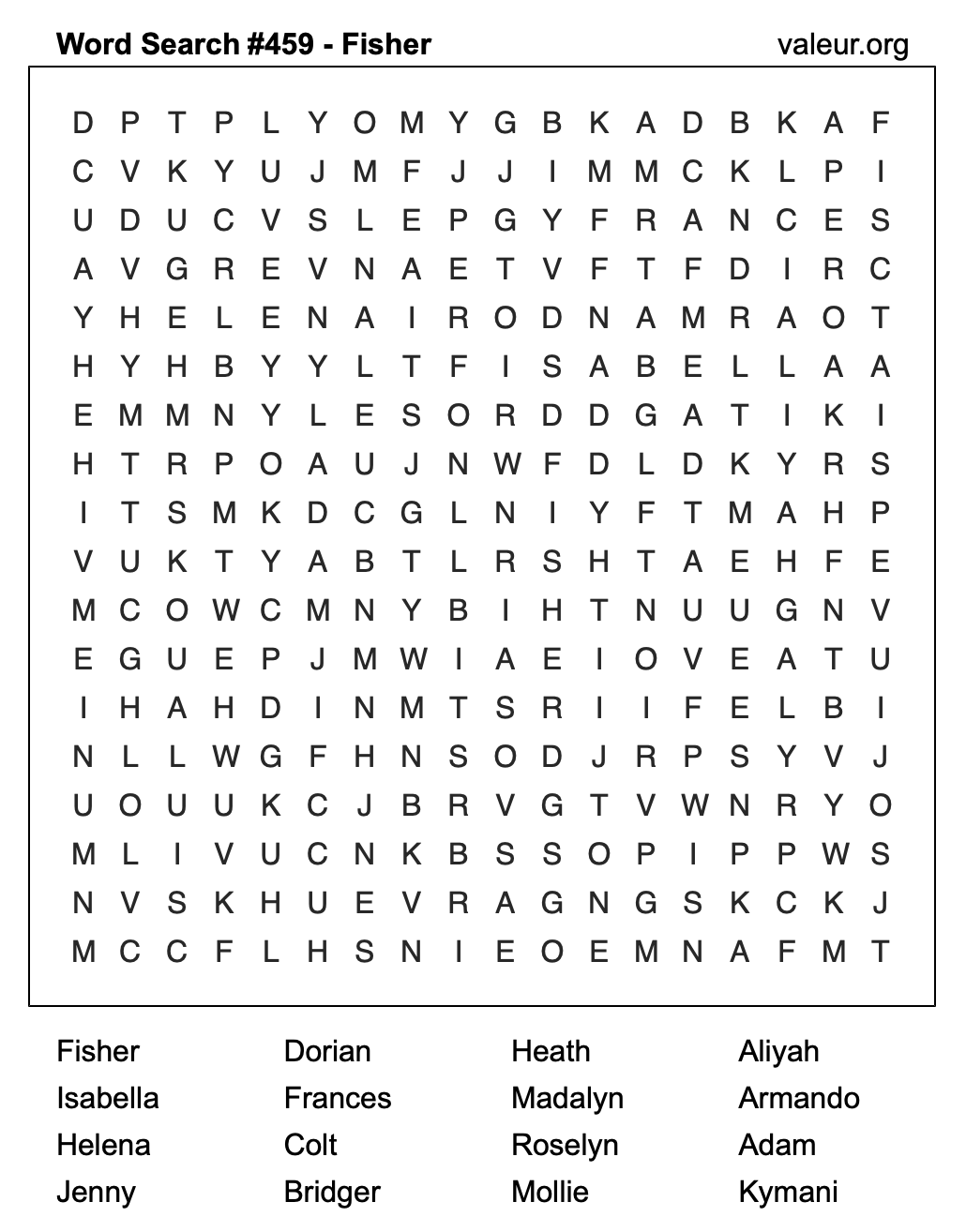 Word Search Puzzle with the name Fisher #459