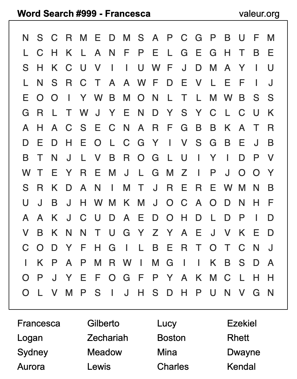 Word Search Puzzle with the name Francesca #999