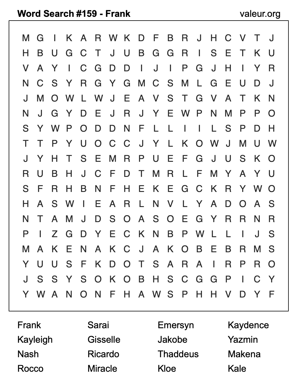 Word Search Puzzle with the name Frank #159 Word Search Puzzle with the name Frank #159