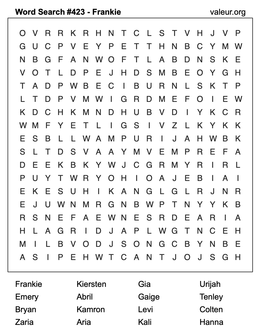 Word Search Puzzle with the name Frankie #423 Word Search Puzzle with the name Frankie #423