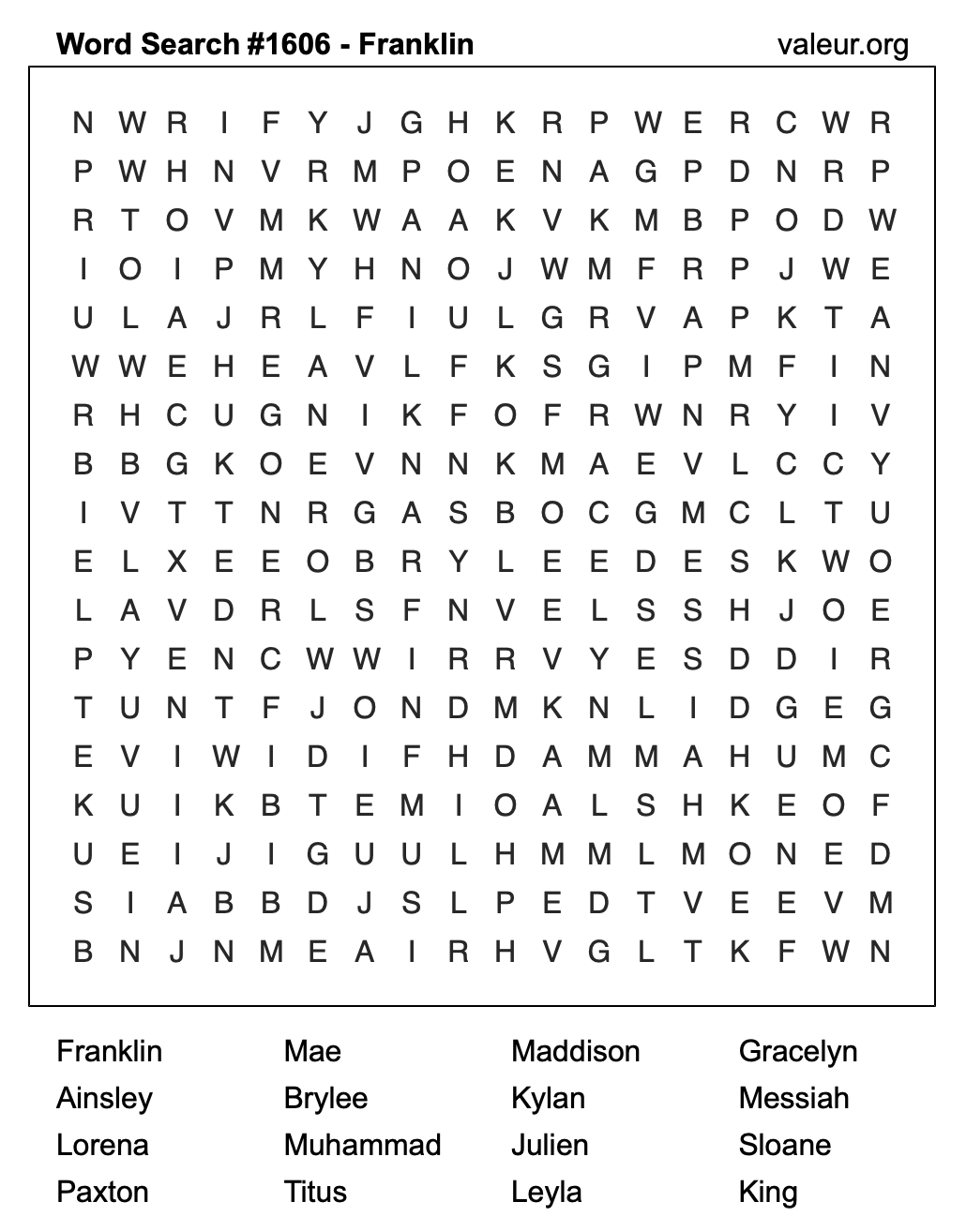 Word Search Puzzle with the name Franklin #1606 Word Search Puzzle with the name Franklin #1606
