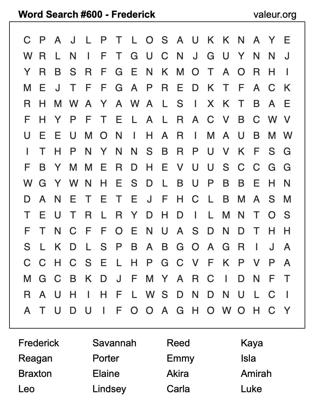 Word Search Puzzle with the name Frederick #600