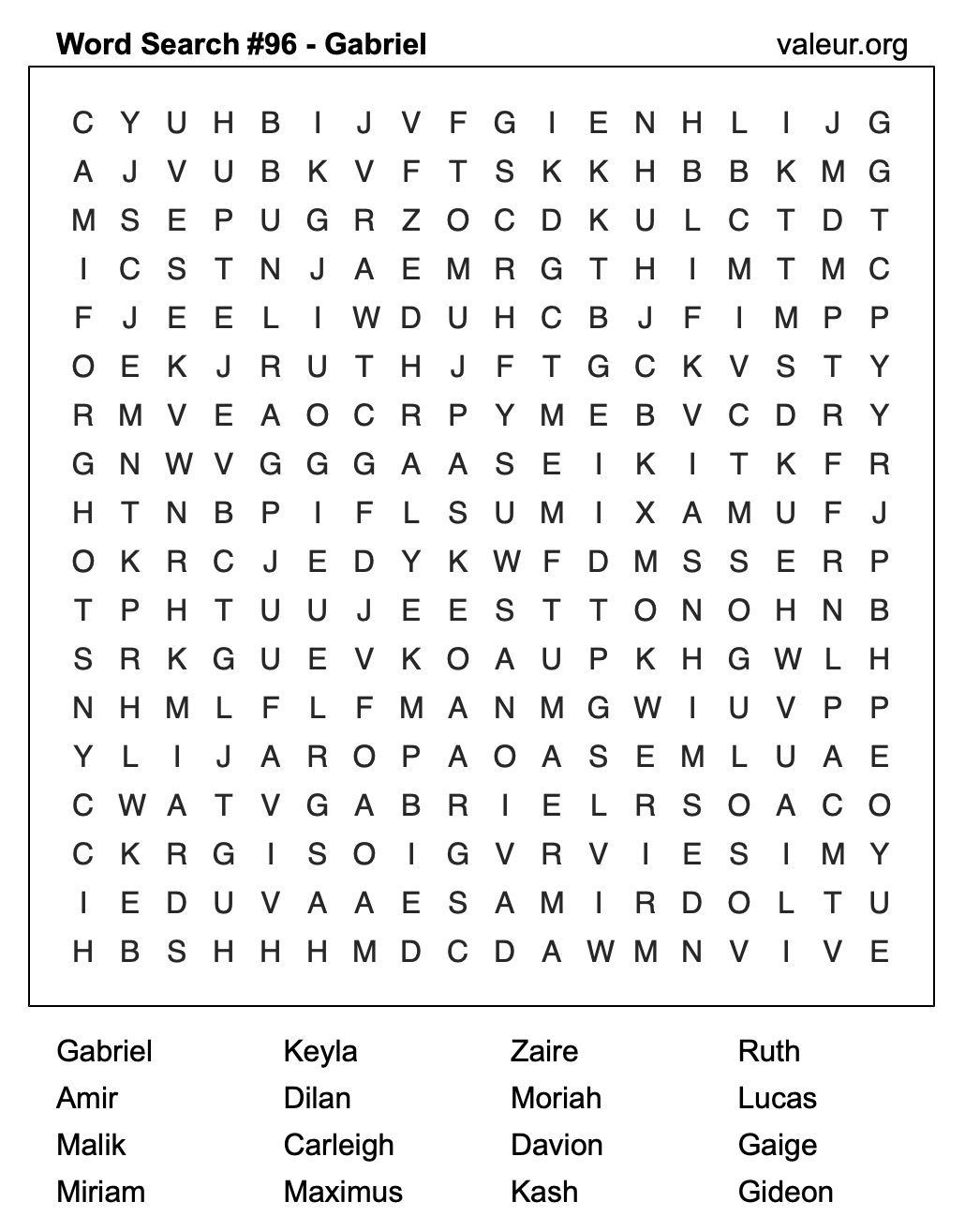 Word Search Puzzle with the name Gabriel #96