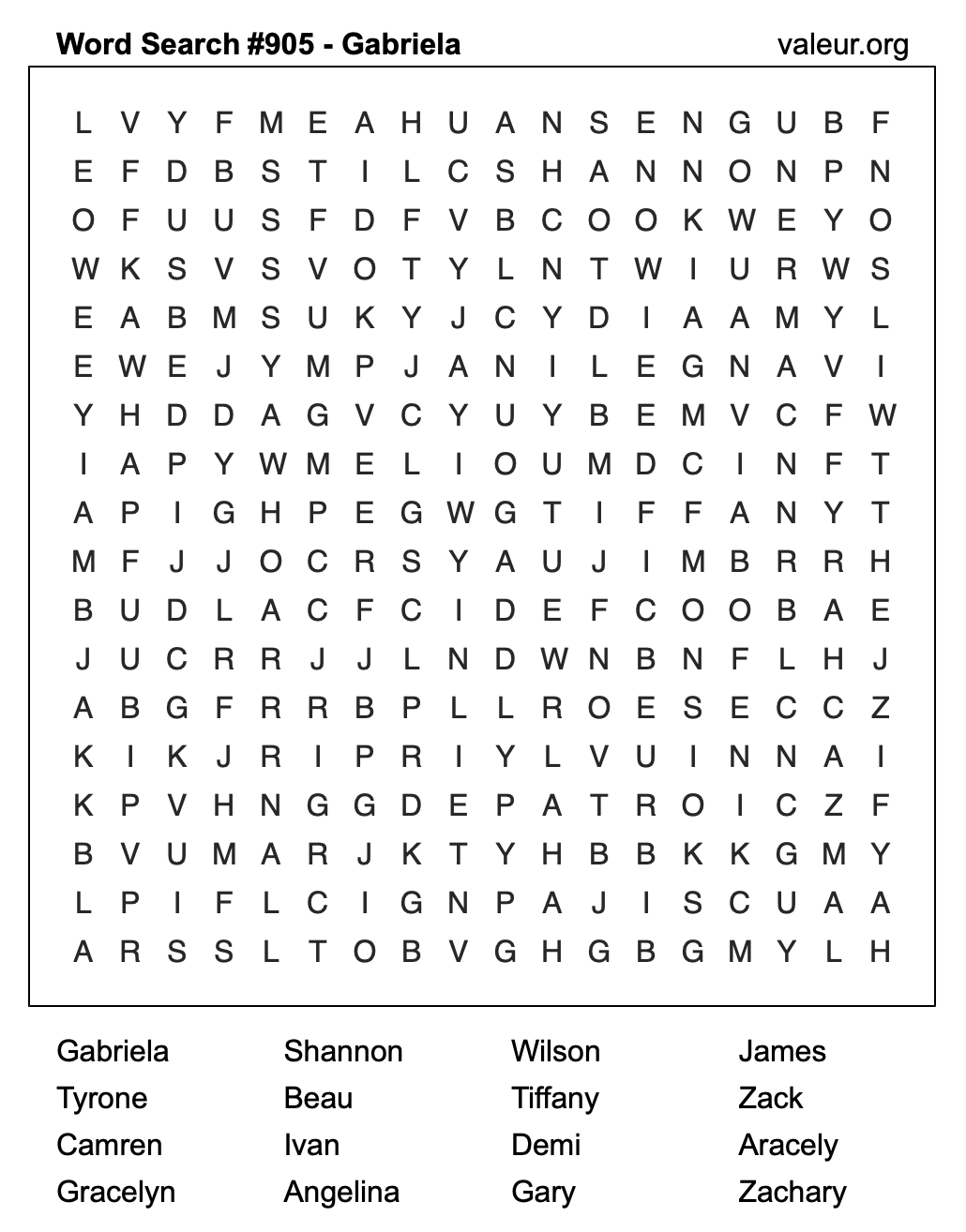Word Search Puzzle with the name Gabriela #905