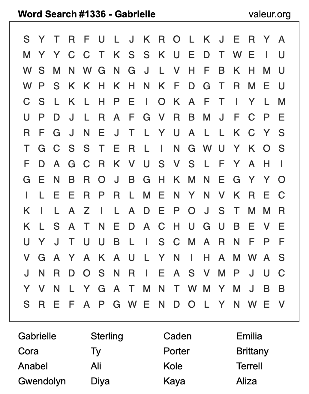 Word Search Puzzle with the name Gabrielle #1336 Word Search Puzzle with the name Gabrielle #1336
