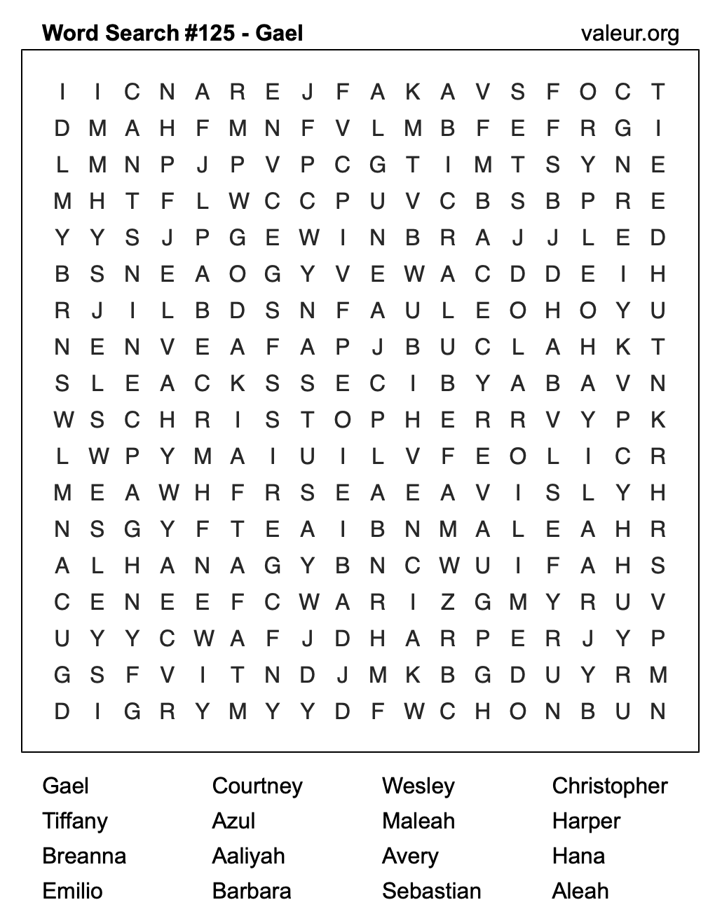Word Search Puzzle with the name Gael #125