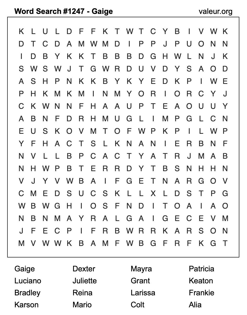 Word Search Puzzle with the name Gaige #1247