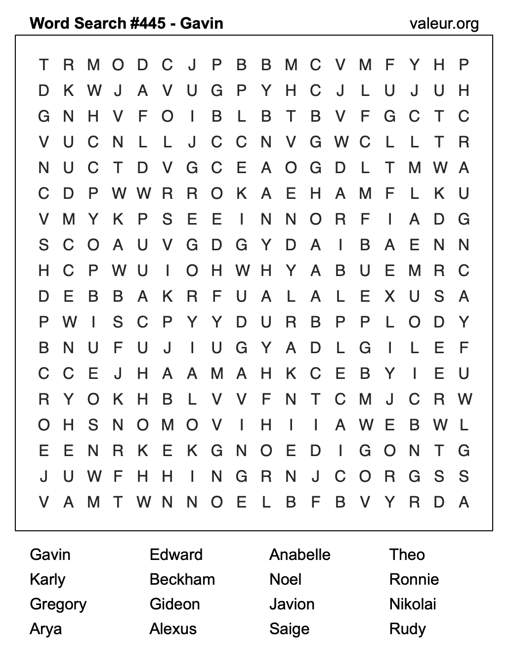 Word Search Puzzle with the name Gavin #445