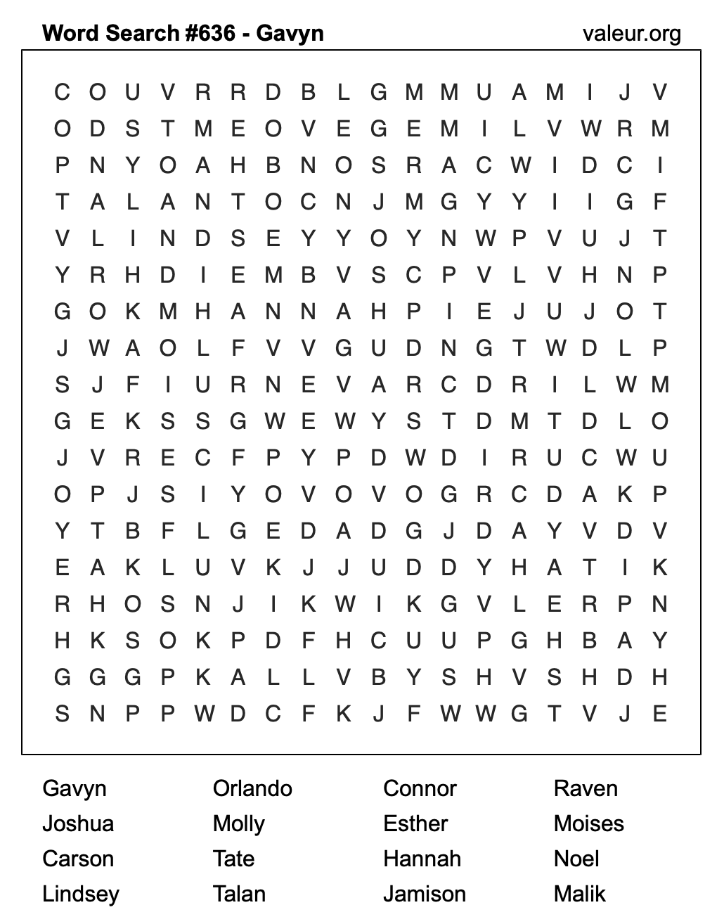 Word Search Puzzle with the name Gavyn #636 Word Search Puzzle with the name Gavyn #636