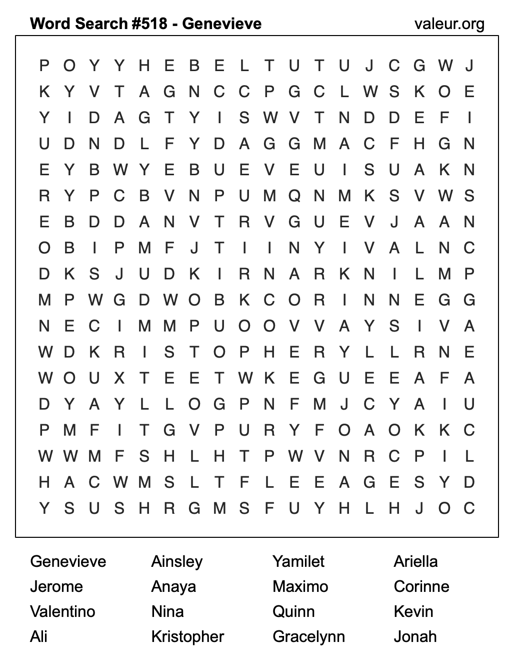Word Search Puzzle with the name Genevieve #518 Word Search Puzzle with the name Genevieve #518