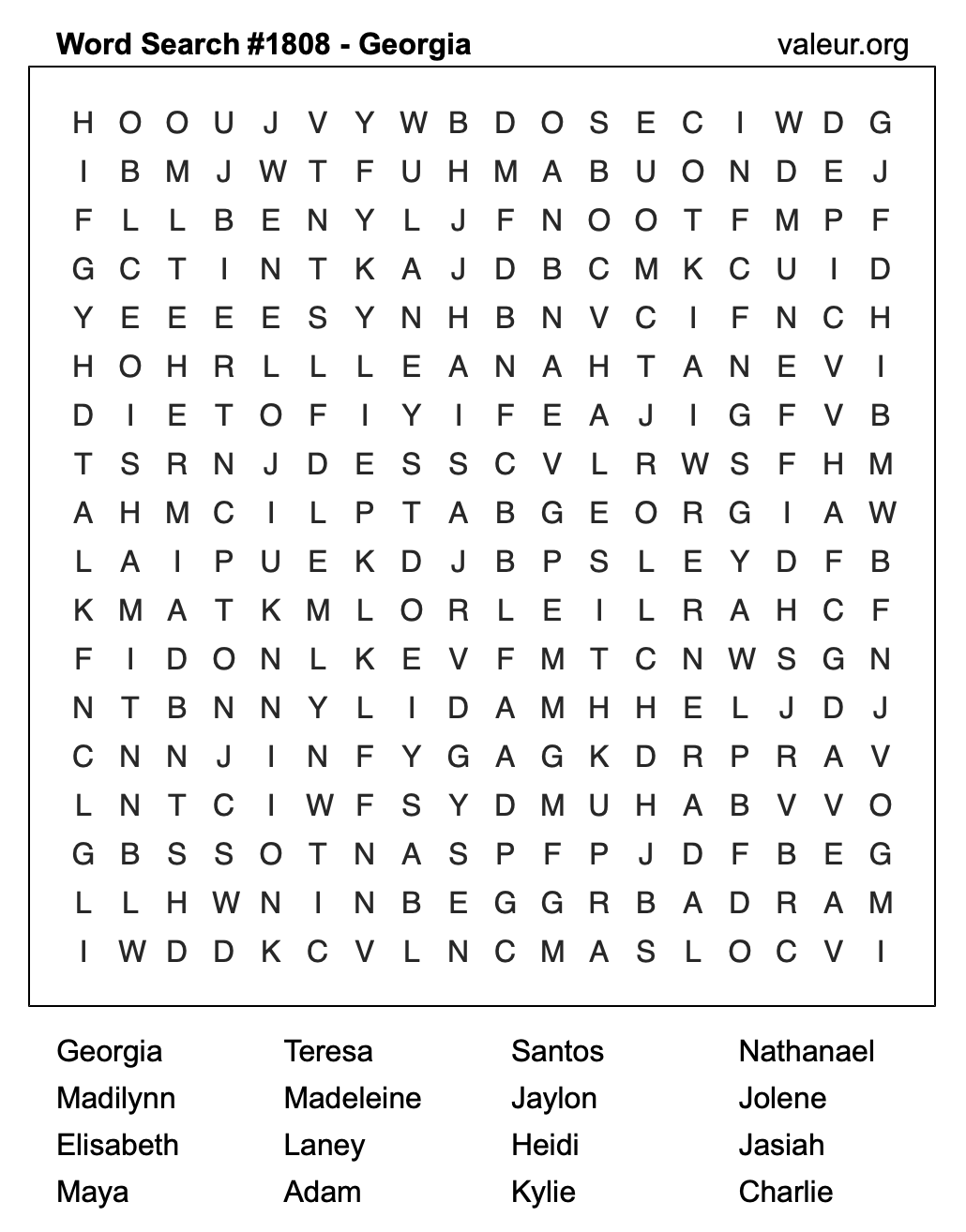 Word Search Puzzle with the name Georgia #1808