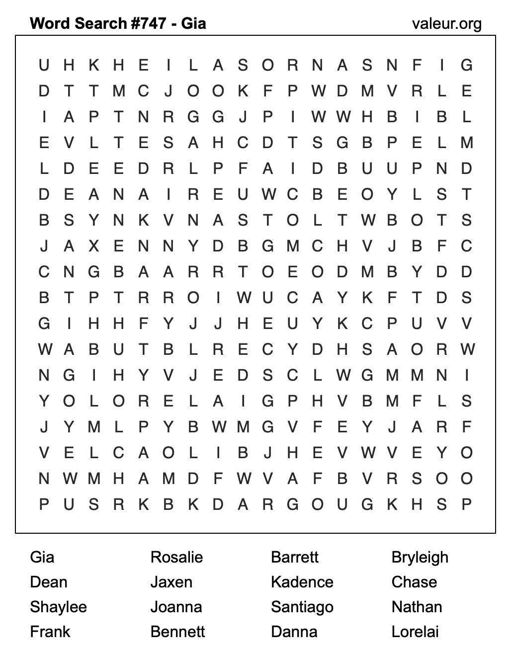 Word Search Puzzle with the name Gia #747